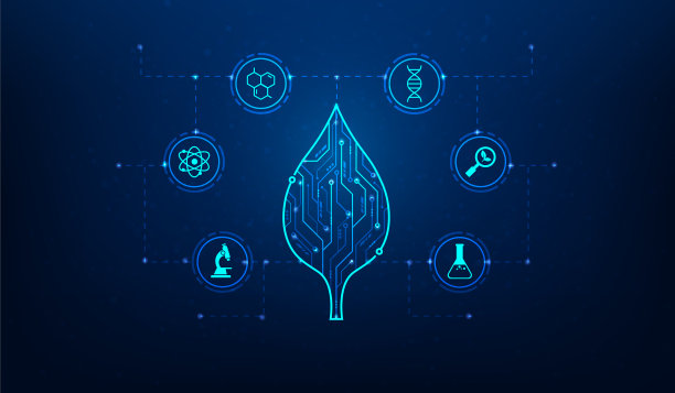 生物科学与技术界面与蓝色背景图标。科学实验室叶片生物化学数字化。植物的遗传学和DNA。矢量插图梦幻般的高科技设计。图片下载