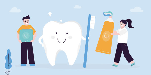 健康的白牙可以支撑牙刷。小孩子用牙线和牙膏照顾牙齿。纯洁，刷牙。儿童保健牙齿护理图片下载