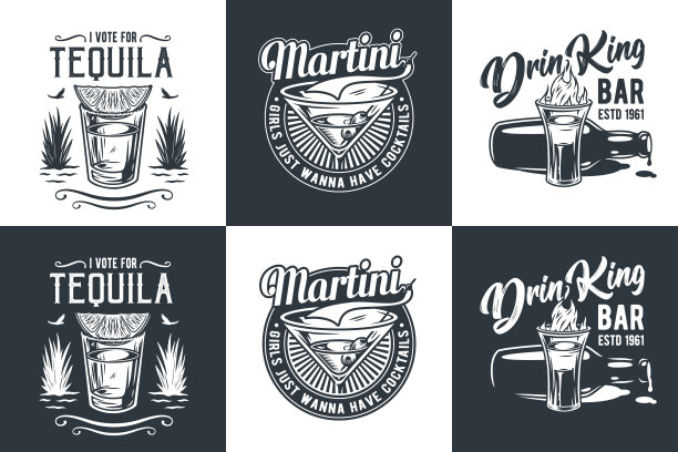 龙舌兰酒和马提尼矢量设置与石灰和火酒精鸡尾酒吧或喝派对。复古和复古的徽章设计收集酒保或调酒师图片下载