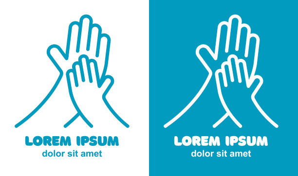 孩子的手，大人的手，触摸他们的手掌。关爱的概念，儿童保护，支持。线条艺术元素的标志，图标，其他设计。矢量插图。图片下载