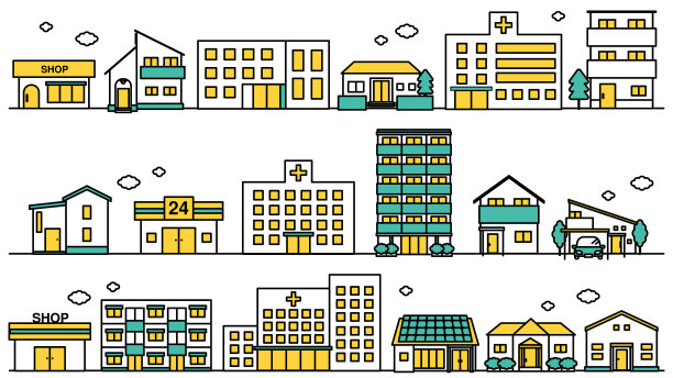 插图B组简单的城市景观线条图，附近有医院和大学图片下载