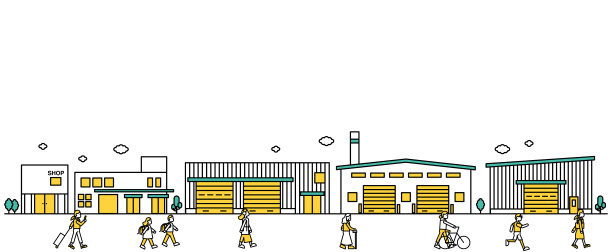 插图E(人)，一个简单的线条绘制的城市景观，附近有商店和小工厂图片下载