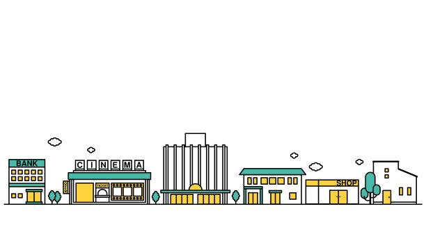 图C是商业街街景的简单线条图，附近有电影院和百货公司图片下载