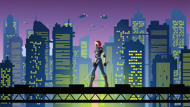 矢量后视图女性赛博朋克雇佣兵与城市天际线背景矢量插图图片下载