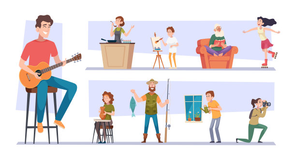 爱好。人们读书画画玩游戏的确切矢量活动不同的爱好图片下载