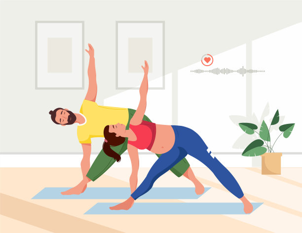 与丈夫或教练一起练习产前瑜伽的孕妇。幸福的夫妇站在瑜伽姿势。孕期健康理念。妈妈们的体能训练，配对运动。新潮矢量插图图片下载