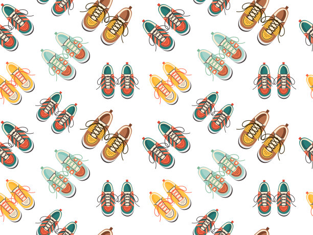 无缝图案与运动鞋的不同颜色。各类休闲运动鞋，俯视图。时尚的运动鞋。图片下载