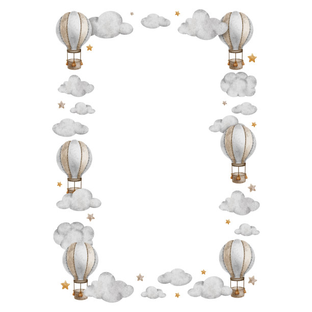 米色热气球，云和星星。可爱的婴儿飞机。孩子们的背景。水彩框架。孤立。设计儿童用品，明信片，婴儿淋浴和儿童房图片下载