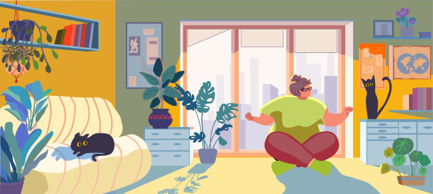 一个胖女人在木地板上做瑜伽。莲花式冥想。图片下载