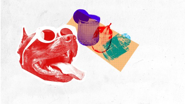 纯种狗戴着太阳镜，配上鸡尾酒，背景是浅色纹理。当代艺术拼贴。休假时间图片下载