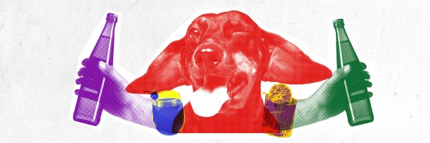 有趣的纯种狗的口鼻，舌头伸出来，人的手拿着啤酒瓶。当代艺术拼贴。图片下载