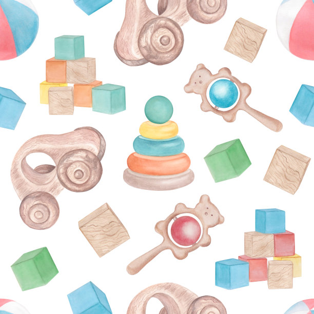 水彩无缝图案与婴儿玩具图片下载