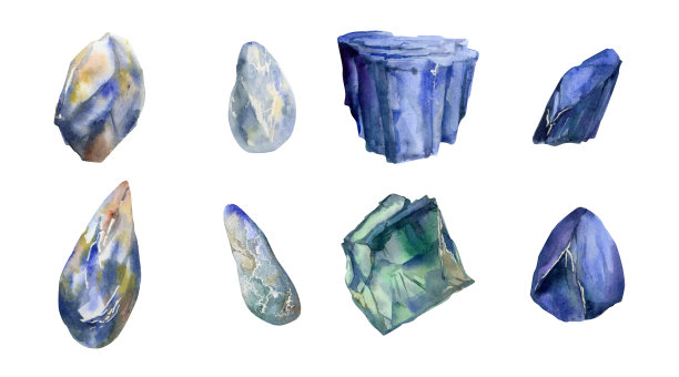 手绘水彩插图珍贵的半宝石宝石水晶脉轮出生石。蓝宝石，拉拉玛祖母绿。一组物体孤立的白色背景。设计印刷，商店，珠宝，时尚图片下载