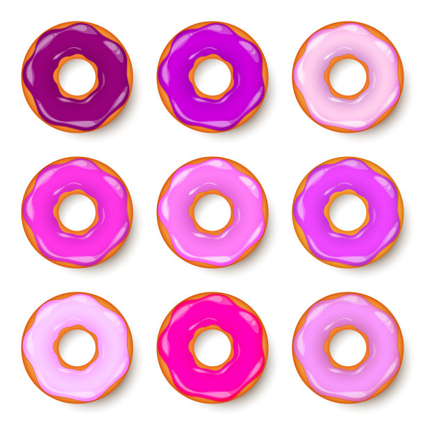 甜甜圈，奶油面包。饼干，饼干蛋糕套装。加了糖和焦糖的甜点。美味的早餐。自助餐厅的食物，小吃。咖啡店。矢量插图。图片下载