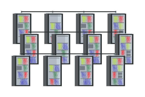 矢量插图的数据中心服务器云计算前视图在卡通风格。电线隔离在白底的电气工程系统。图片下载