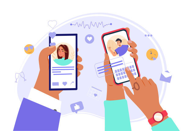 约会服务应用。手握智能手机，上面有男女资料。虚拟关系，社交网络中的熟人。现代的年轻人都在寻找一对。平面矢量图图片下载