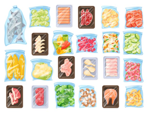 冷冻食品袋。冷冻保鲜产品在塑料聚乙烯袋从冰箱或超市冷冻室，肉类水果蔬菜冰包装，卡通整齐的矢量插图图片下载
