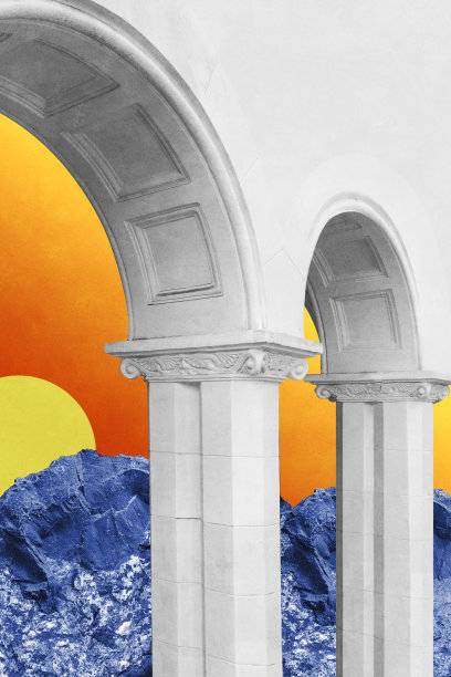 超现实的拼贴与元素的经典建筑。艺术海报，概念，杂志封面。古老的城市图片下载