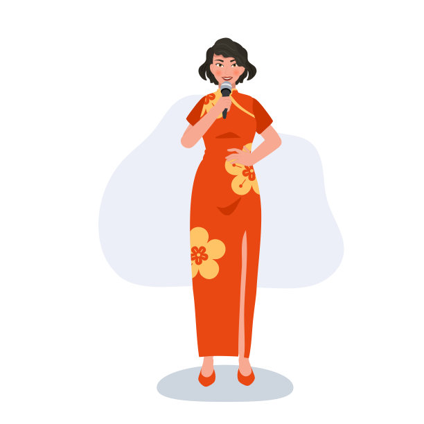 快乐的亚洲模特穿着红裙子，带着麦克风。中国新年的文化优雅图片下载