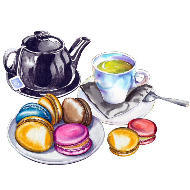 茶壶、杯子和五颜六色的马卡龙。图片下载