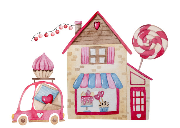 手绘水彩剪贴画插画一个蛋糕面包店和一辆车顶上有蛋糕的汽车图片下载