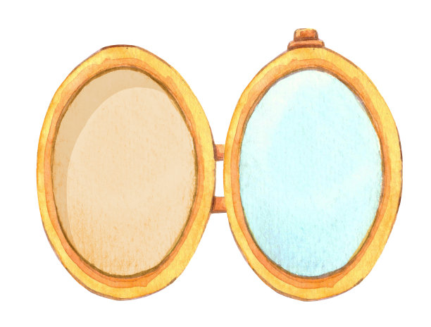 水彩复古古董金椭圆形框架吊坠与空的空间。手绘插图孤立在白色背景。图片下载