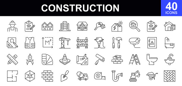 构建web图标集。构建和建设-简单的细线图标集合。包含建筑，起重机，工程师，工人，商业，道路，工业等。简单的网页图标集图片下载