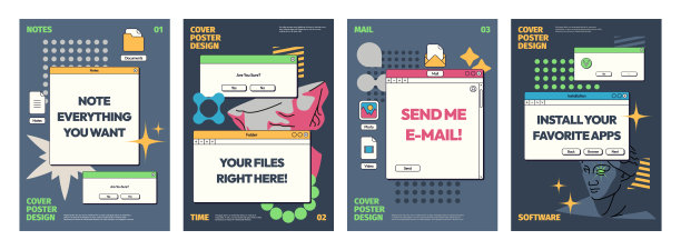 Vaporwave海报。抽象超现实主义的漫画潮人风格的横幅与复古技术和复古风格的元素。矢量极简海报图片下载