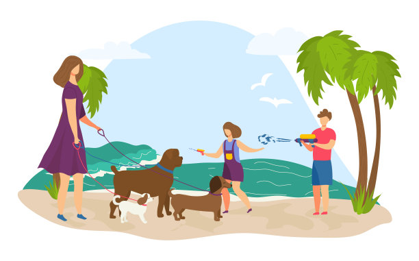 两个女人在沙滩上遛狗，一个男人拿着水枪。夏日与宠物的休闲活动，海边的休闲时光。家庭乐趣户外，沿海场景矢量插图图片下载