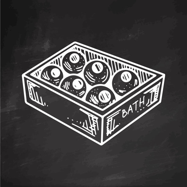 手绘圆形浴室炸弹盒子，美容美容元素，自我护理。美容美发插画，化妆设计。涂鸦素描风格的黑板背景。图片下载