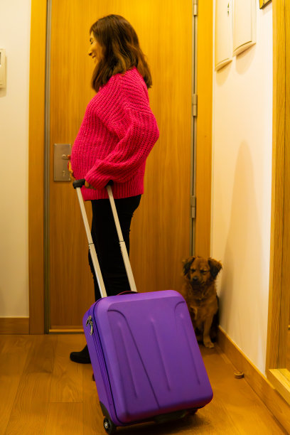 一个怀孕的女人带着她的行李箱离开了她的旅行，她悲伤的狗闭上了眼睛图片下载