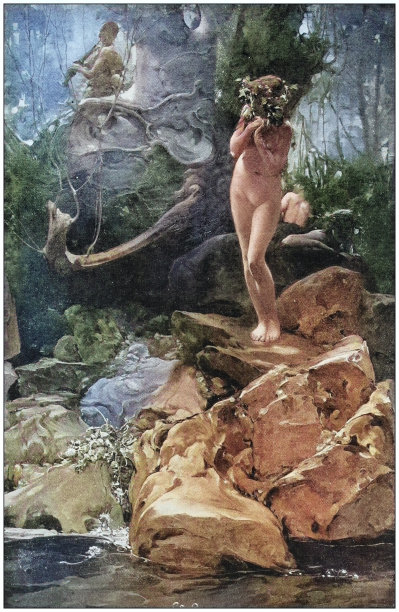 古董绘画照片:风笛手和仙女图片下载