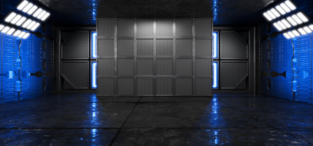 金属机库里的蓝色聚光灯。技术、游戏、未来产品设计背景。产品的背景。未来的背景。漆黑的空机库，车库，空无一人。3 d渲染。图片下载