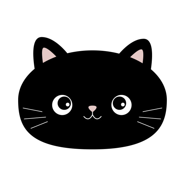 黑猫头脸轮廓圆形图标。可爱的卡通婴儿角色。粉红色的鼻子，耳朵。卡哇伊宠物动物。有趣的小猫。标签打印。平面设计。白色背景。图片下载