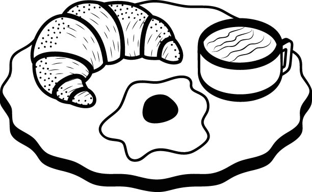 鸡蛋和马克杯牛角面包等长概念，法国早餐拼盘手绘矢量，面包店和面包师图纸，食物准备和厨房用具素描烹饪涂鸦股票插图图片下载