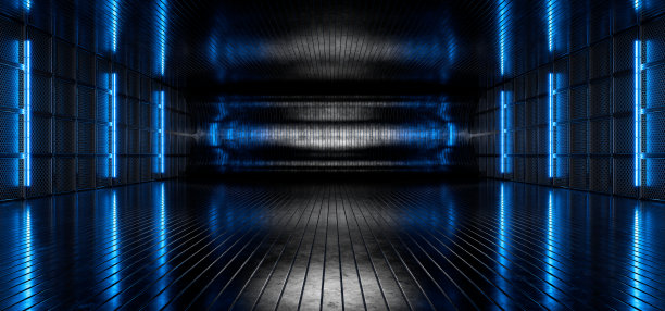 蓝色霓虹灯。金属的车库。机库。金属的背景。铁隧道。光泽。未来主义，酷背景的产品介绍。生产机库。工厂,工厂。3 d渲染。图片下载