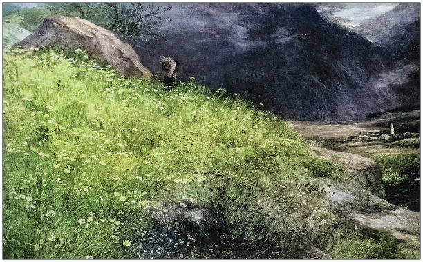 古色古香的绘画照片:阿尔卑斯山草地图片下载