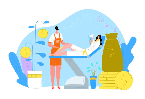 女性按摩护肤，女性躺在沙发上看杂志，概念钱按摩治疗线平面矢量插图，隔离在白色上。图片下载