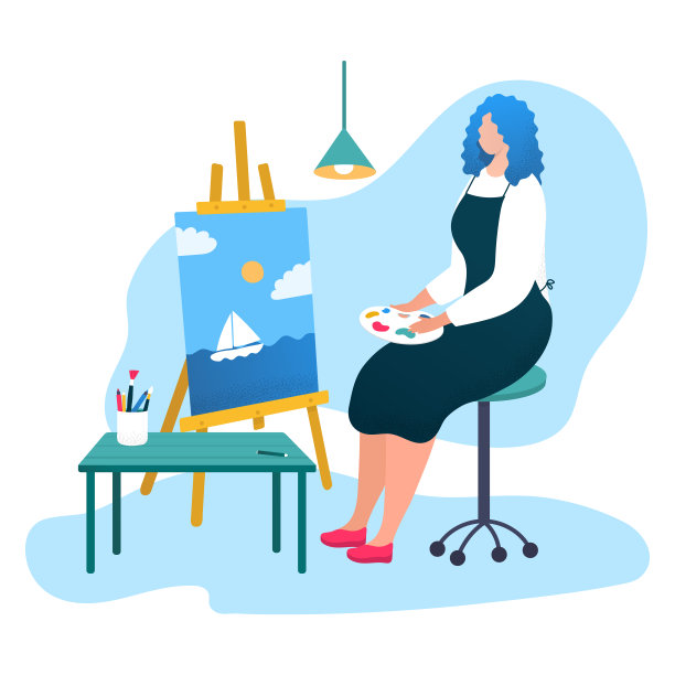 女性专业艺术家女画家绘制的图片，女性坐在画架上的卡通矢量插图，孤立在白色上。图片下载