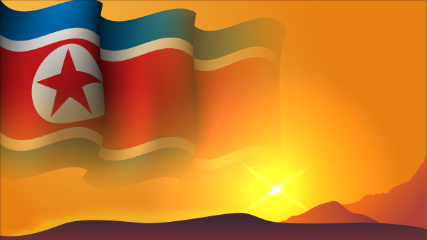 朝鲜挥舞旗帜的概念背景设计与日落在山上矢量插图图片下载