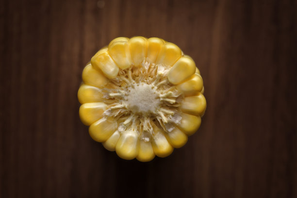 木桌上一根新鲜玉米棒的俯拍照片图片下载