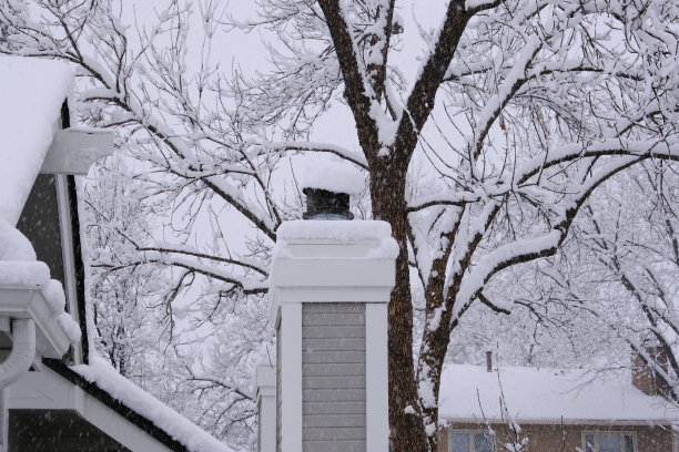 冬季降雪与屋顶烟囱管和树木喜怒无常的风景照片。季节性自然背景纹理。图片下载
