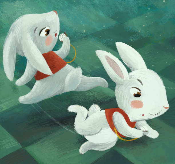 卡通场景以兔子兔子在城堡上奔跑的样子与小朋友一起插画图片下载