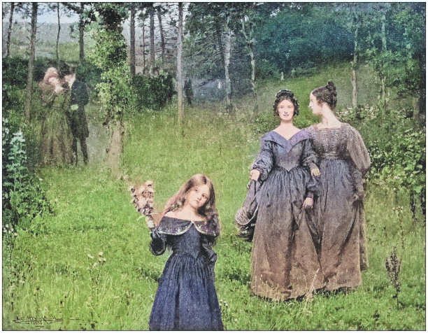 古色古香的绘画照片:户外的女人图片下载