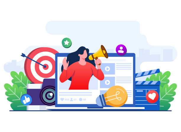 视频营销概念平面插画，博客，博主，社交媒体营销，电子商务，数字营销，广告，社交媒体活动，推广，内容策略图片下载