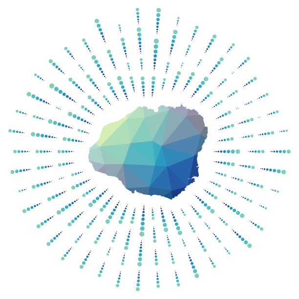 考艾岛的形状，多边形日冕。彩色星光的岛屿地图。可爱岛插画以数字、科技、互联网、网络为风格。矢量插图。图片下载