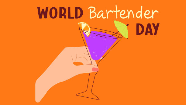 矢量平面插图世界调酒师日。鸡尾酒在手插图。图片下载