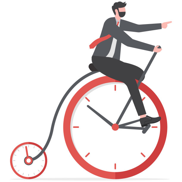 生产力或效率花时间完成工作，时间管理或工作与生活的平衡概念，商人骑着老式自行车，前轮作为时钟，小轮作为秒表计时器。图片下载