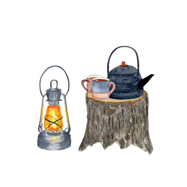 水彩露营水壶灯笼设置孤立的白色图片下载