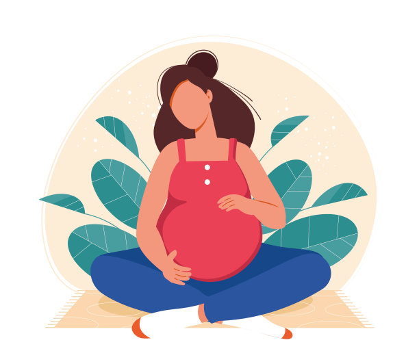 孕妇现代概念矢量插图在可爱的卡通风格，健康，关怀。年轻的孕妇被隔离在白色。简约的设计。健康怀孕、生殖健康和孕产图片下载